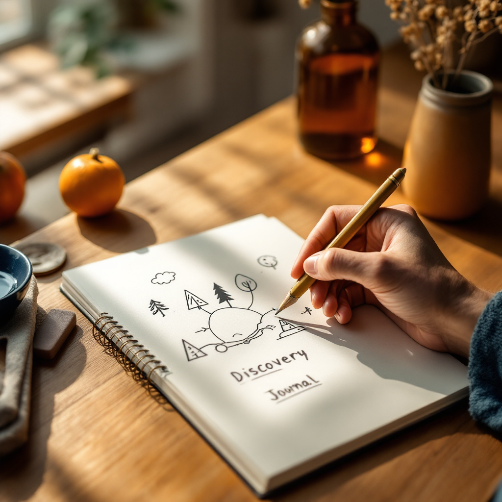 Open discovery notebook with hand-drawn connections between river, tree, and road sketches