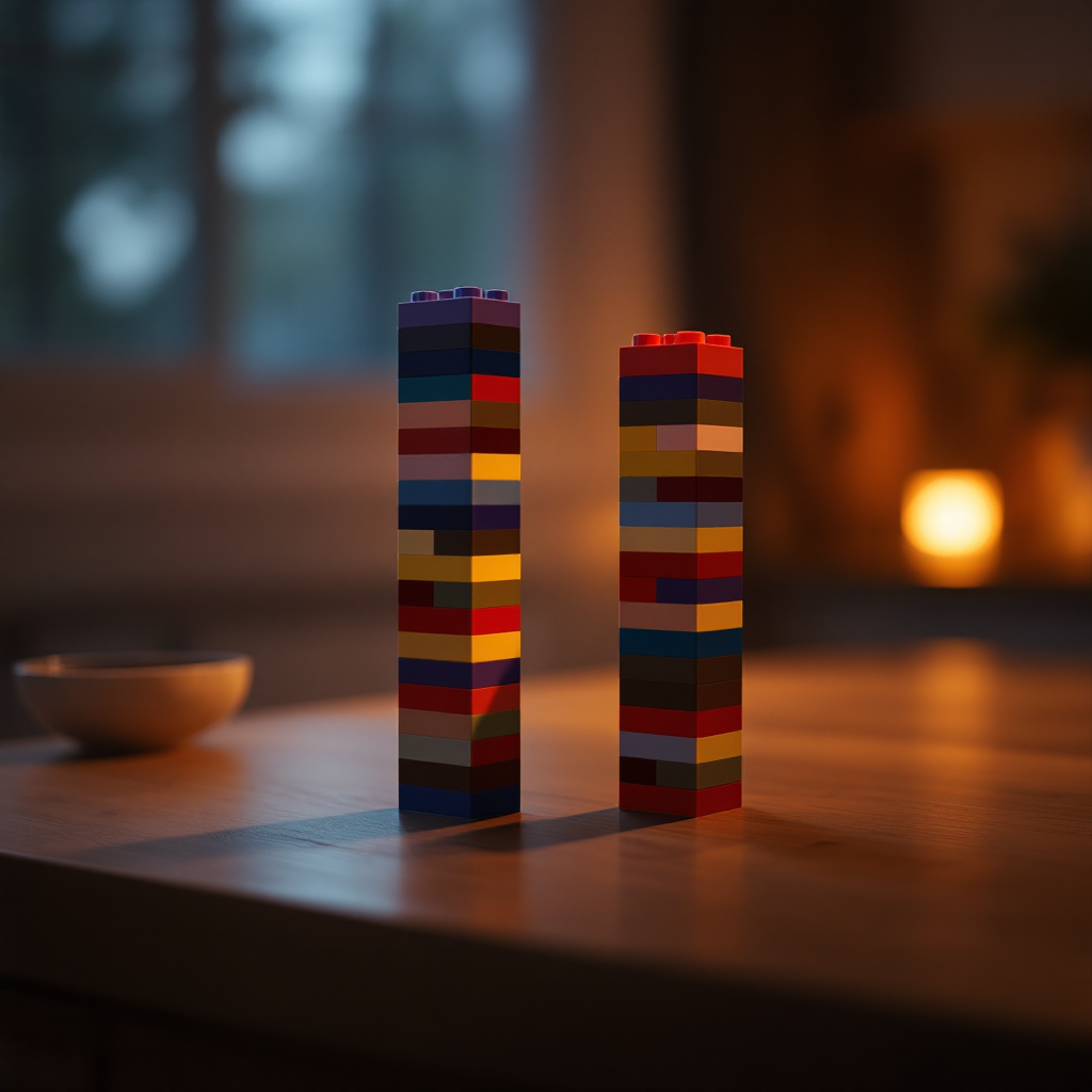 Wide-base Lego tower beside a leaning narrow tower on a table