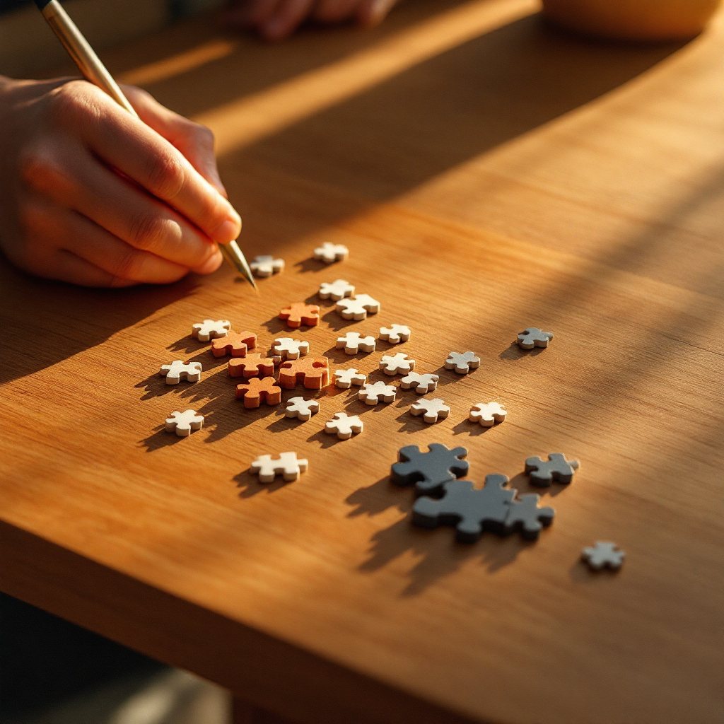 Puzzle pieces sorted by edge type on a real kitchen table
