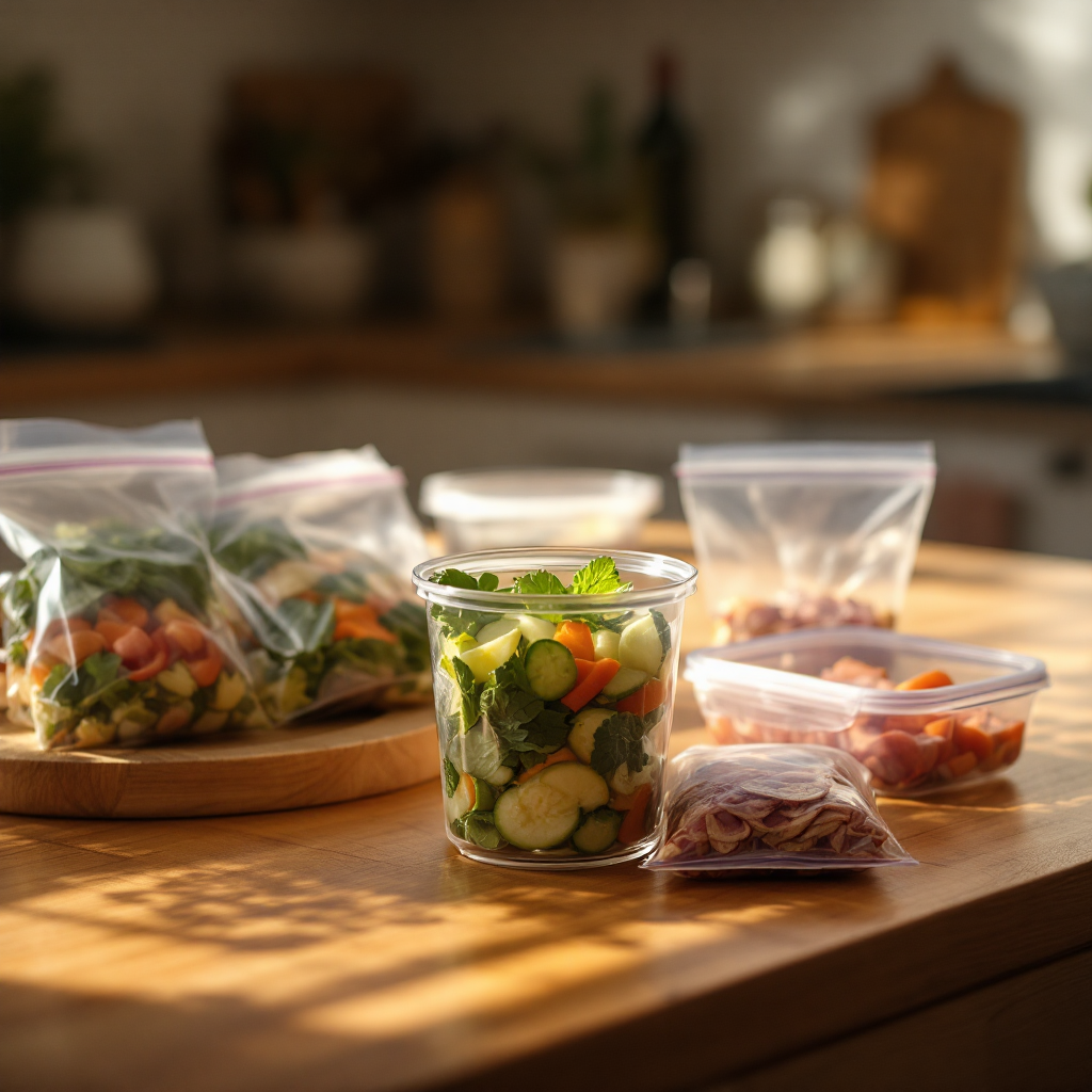 Kitchen counter with lunch containers and batched ingredients for weekday meal prep